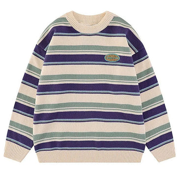 Japanese Patchwork Striped Sweater Men Knitwears New Winter Retro Vintage Harajuku Pullover Knit Embroidery Knitted Sweater